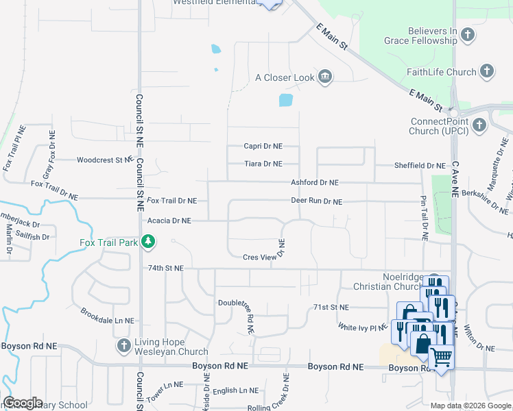 map of restaurants, bars, coffee shops, grocery stores, and more near 1020 Acacia Drive Northeast in Cedar Rapids