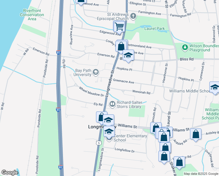 map of restaurants, bars, coffee shops, grocery stores, and more near 4 York Drive in Longmeadow