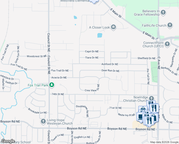 map of restaurants, bars, coffee shops, grocery stores, and more near 1020 Acacia Drive Northeast in Cedar Rapids