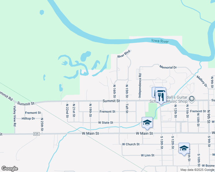map of restaurants, bars, coffee shops, grocery stores, and more near 500 Hidden Hill Drive in Marshalltown