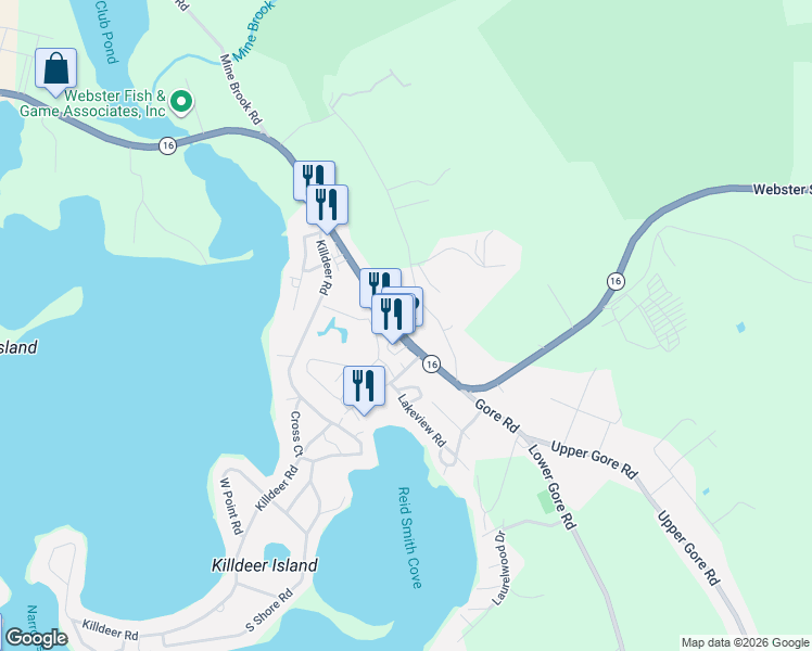 map of restaurants, bars, coffee shops, grocery stores, and more near 181 Gore Road in Webster
