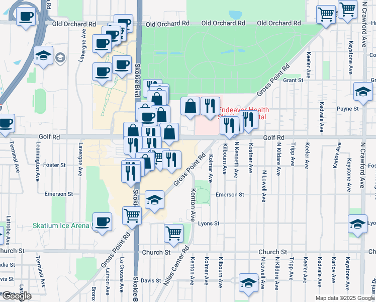 map of restaurants, bars, coffee shops, grocery stores, and more near 4607 Golf Road in Skokie