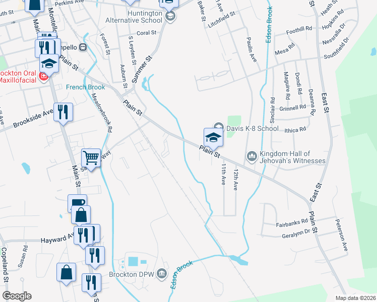 map of restaurants, bars, coffee shops, grocery stores, and more near 7 9th Avenue in Brockton