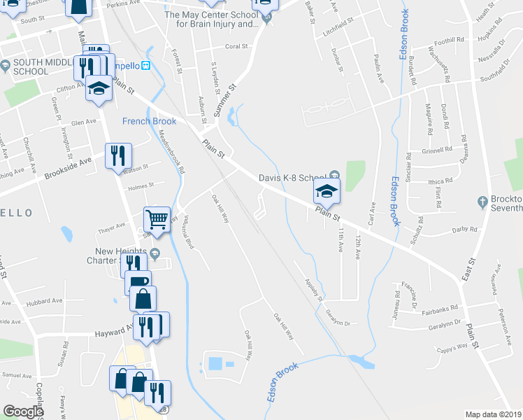 map of restaurants, bars, coffee shops, grocery stores, and more near 285 Plain Street in Brockton