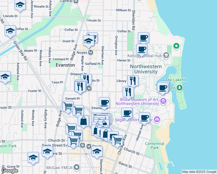 map of restaurants, bars, coffee shops, grocery stores, and more near 2001 Sherman Avenue in Evanston