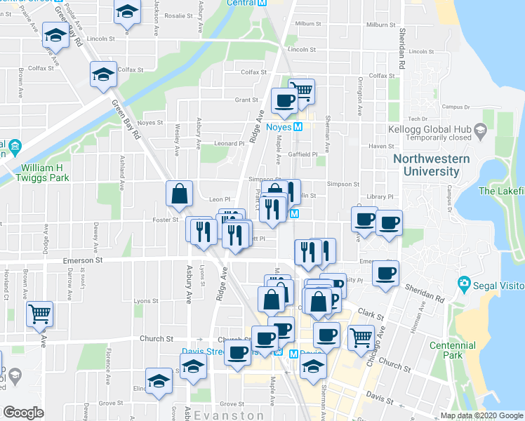 map of restaurants, bars, coffee shops, grocery stores, and more near 2001 Pratt Court in Evanston
