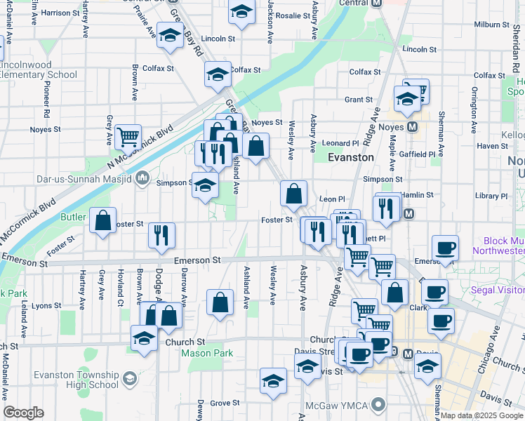 map of restaurants, bars, coffee shops, grocery stores, and more near 2000 Jackson Avenue in Evanston