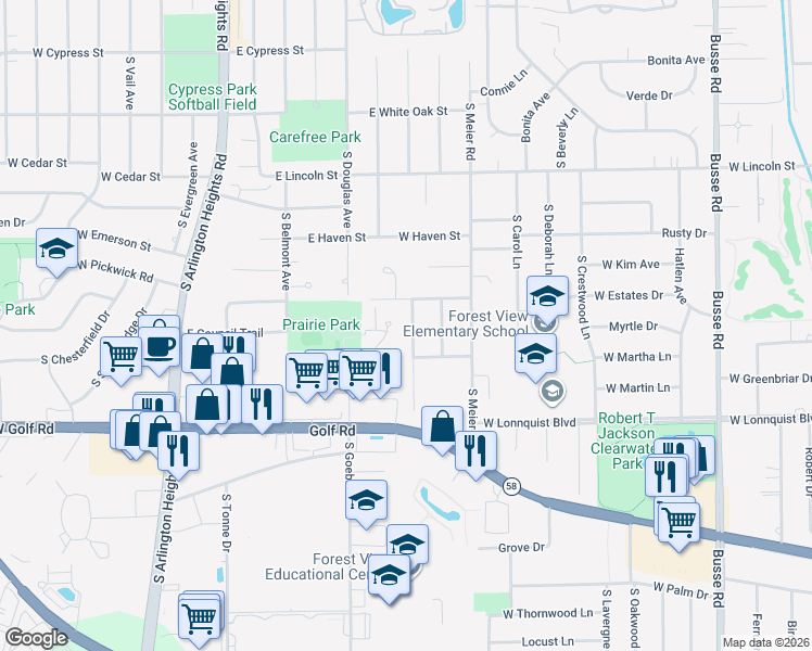 map of restaurants, bars, coffee shops, grocery stores, and more near 611 Noah Terrace in Mount Prospect