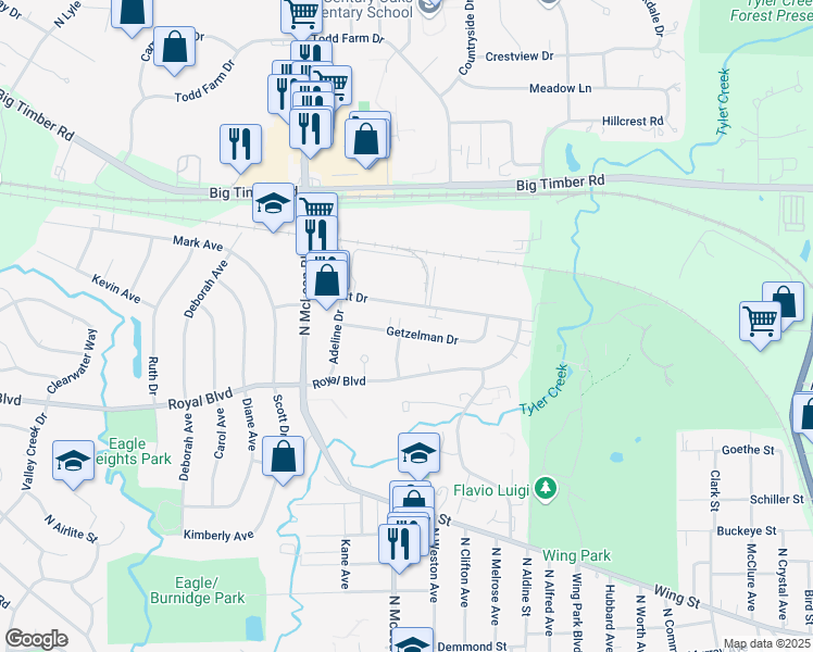 map of restaurants, bars, coffee shops, grocery stores, and more near 1369 Getzelman Drive in Elgin
