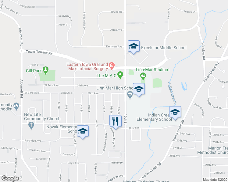 map of restaurants, bars, coffee shops, grocery stores, and more near 3290 9th Street in Marion