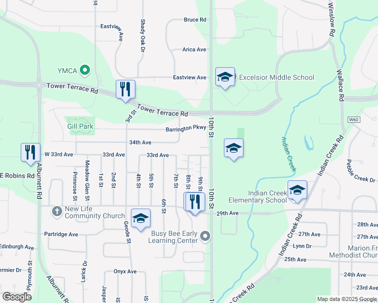 map of restaurants, bars, coffee shops, grocery stores, and more near 3275 7th Street in Marion