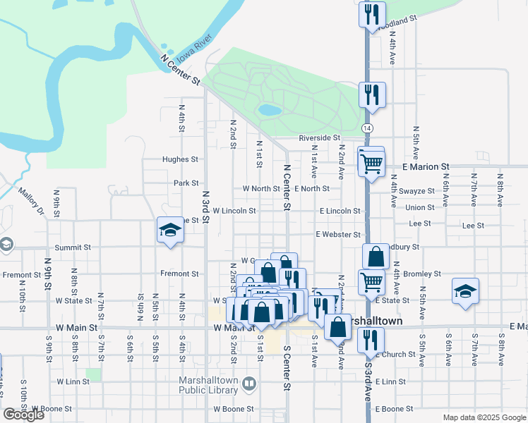 map of restaurants, bars, coffee shops, grocery stores, and more near 307 North 1st Street in Marshalltown