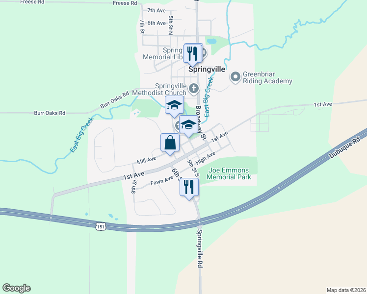 map of restaurants, bars, coffee shops, grocery stores, and more near 108 5th Street North in Springville