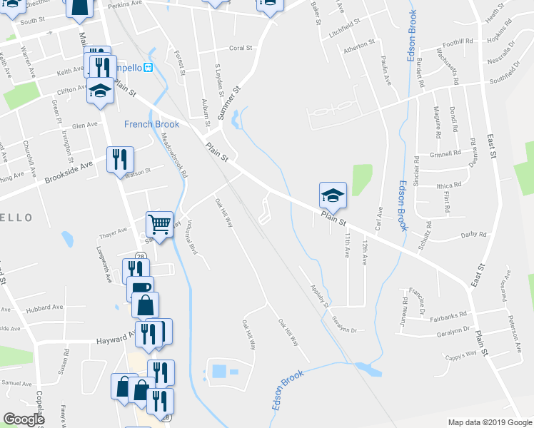 map of restaurants, bars, coffee shops, grocery stores, and more near 285 Plain Street in Brockton