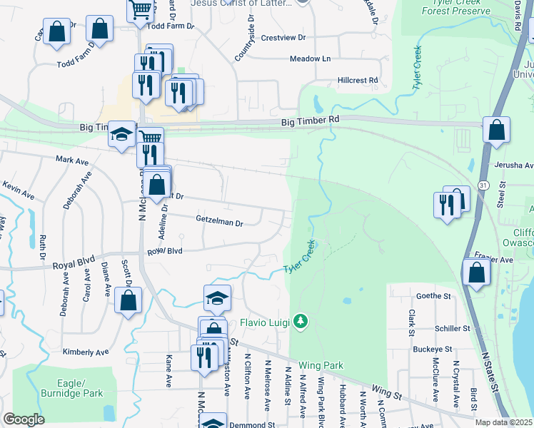 map of restaurants, bars, coffee shops, grocery stores, and more near 1269 Getzelman Drive in Elgin