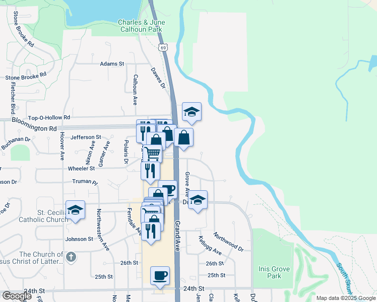map of restaurants, bars, coffee shops, grocery stores, and more near 3132 Northwood Drive in Ames