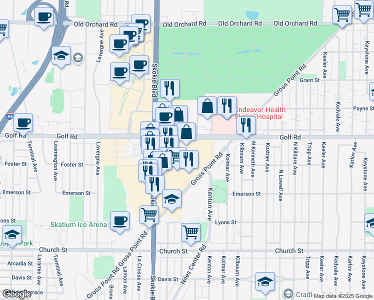 map of restaurants, bars, coffee shops, grocery stores, and more near 4711 Golf Road in Skokie