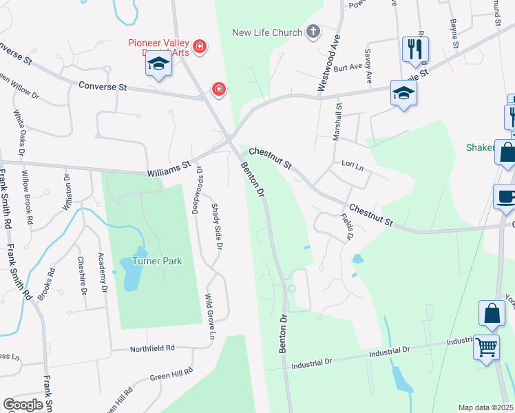 map of restaurants, bars, coffee shops, grocery stores, and more near 50 Benton Drive in East Longmeadow