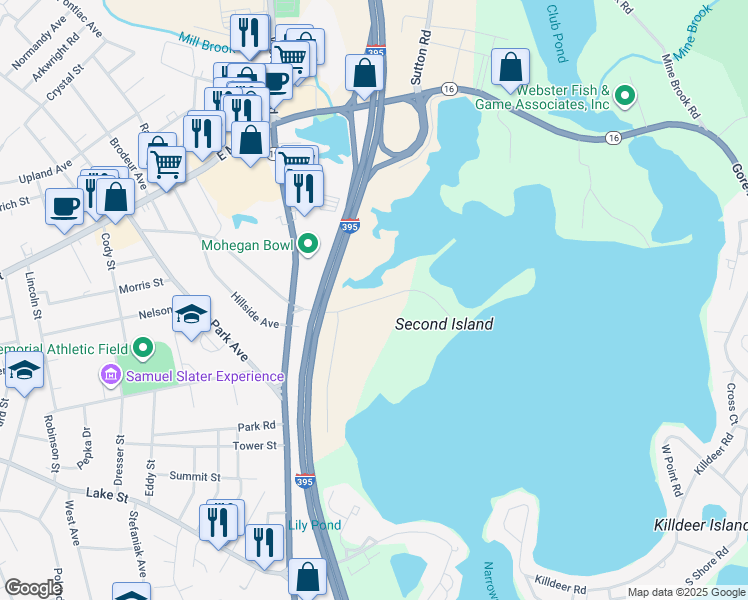 map of restaurants, bars, coffee shops, grocery stores, and more near Memorial Beach Drive in Webster