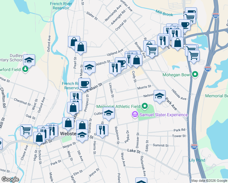 map of restaurants, bars, coffee shops, grocery stores, and more near 24 Lincoln Street in Webster