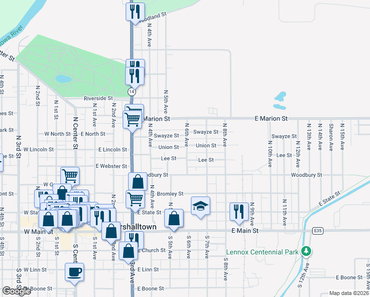 map of restaurants, bars, coffee shops, grocery stores, and more near 510 Lee Street in Marshalltown