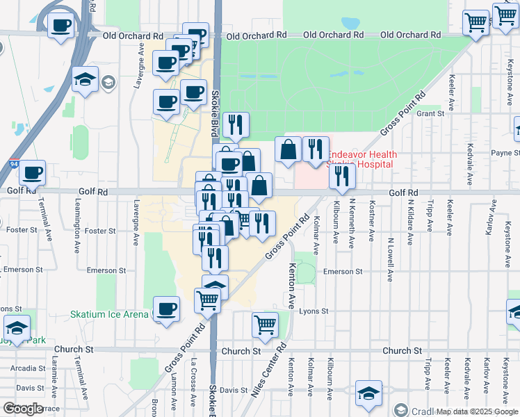 map of restaurants, bars, coffee shops, grocery stores, and more near 4711 Golf Road in Skokie