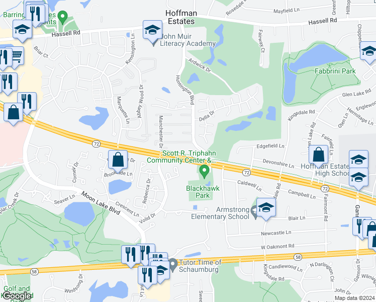 map of restaurants, bars, coffee shops, grocery stores, and more near 1711 Sussex Walk in Hoffman Estates