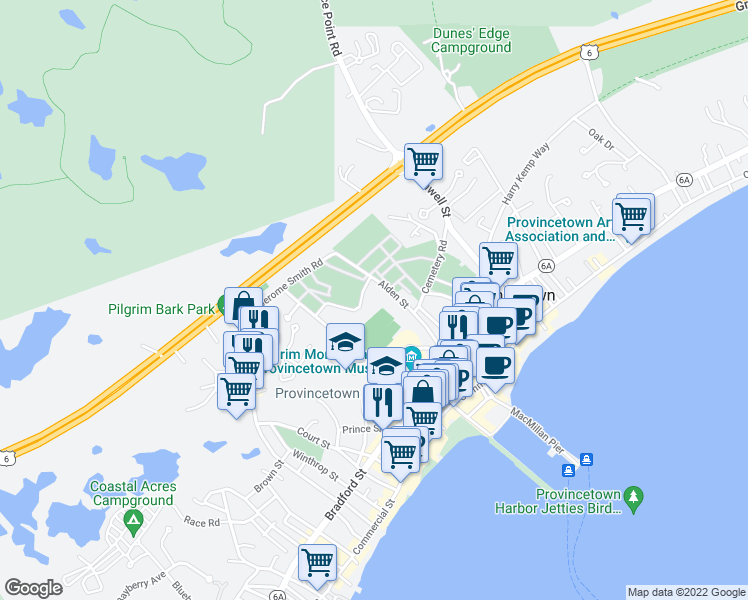 map of restaurants, bars, coffee shops, grocery stores, and more near 100 Alden Street in Provincetown