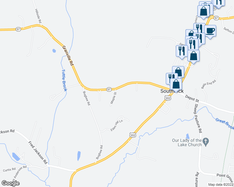 map of restaurants, bars, coffee shops, grocery stores, and more near 11 Maple Street in Southwick
