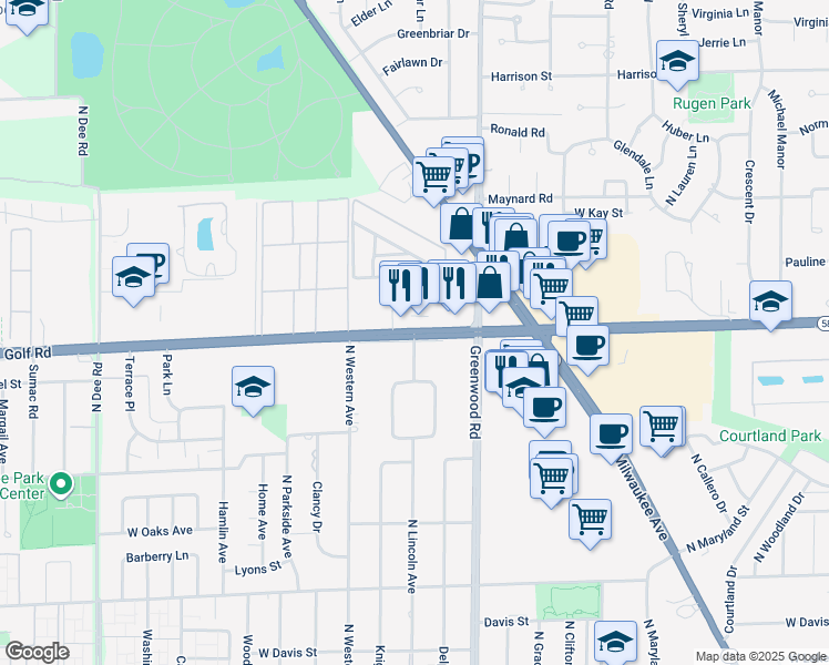 map of restaurants, bars, coffee shops, grocery stores, and more near W Golf Rd & Greenwood Dr in Niles