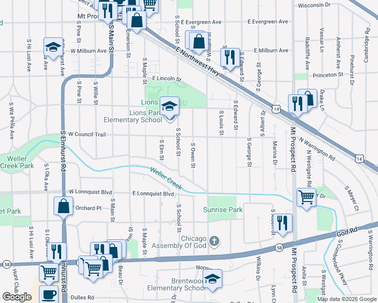 map of restaurants, bars, coffee shops, grocery stores, and more near 614 South Owen Street in Mount Prospect