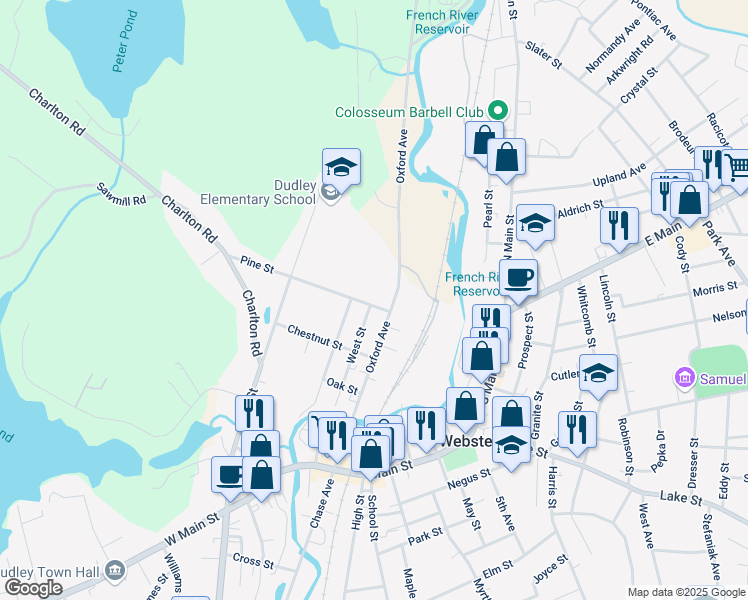 map of restaurants, bars, coffee shops, grocery stores, and more near 4 Pine Street in Dudley