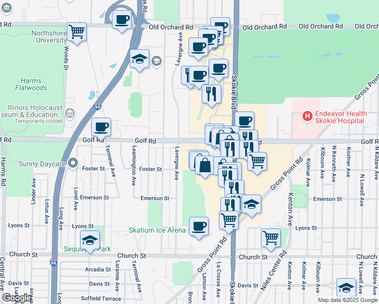 map of restaurants, bars, coffee shops, grocery stores, and more near 4900 Foster Street in Skokie