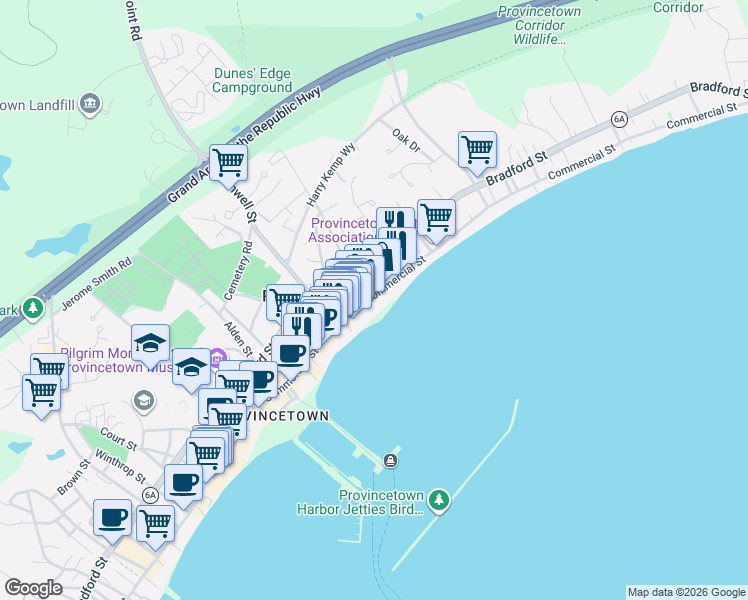 map of restaurants, bars, coffee shops, grocery stores, and more near 409 Commercial Street in Provincetown