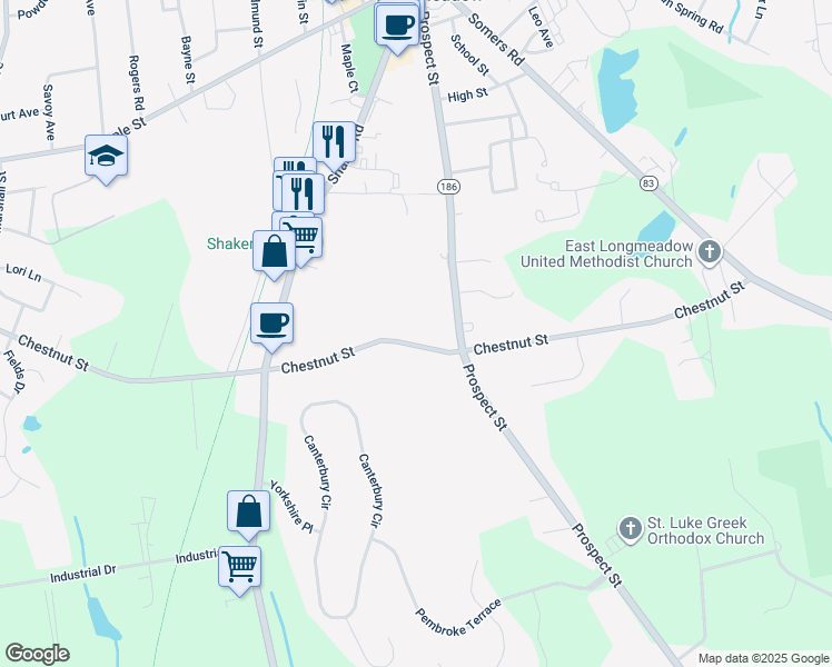 map of restaurants, bars, coffee shops, grocery stores, and more near 181 Chestnut Street in East Longmeadow