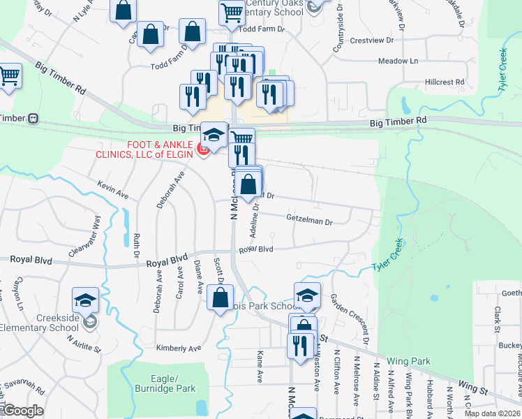 map of restaurants, bars, coffee shops, grocery stores, and more near 903 Adeline Drive in Elgin