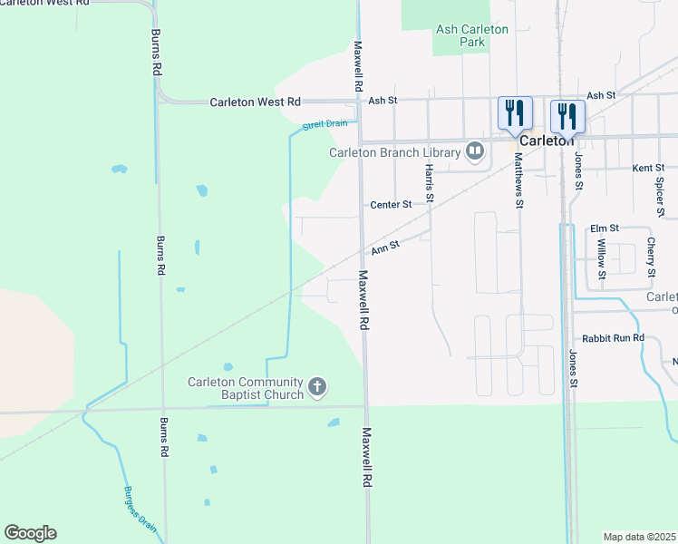 map of restaurants, bars, coffee shops, grocery stores, and more near 12761 Maxwell Road in Carleton