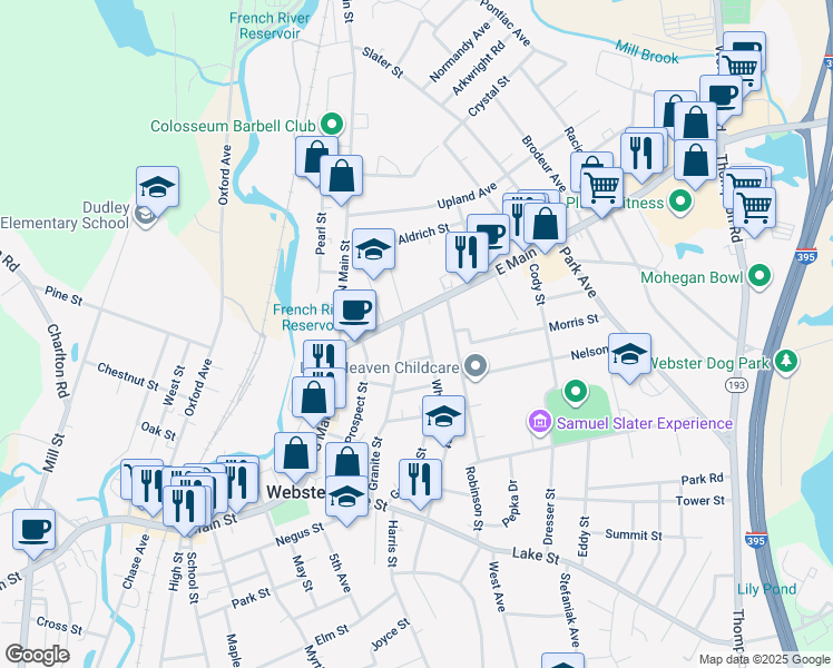 map of restaurants, bars, coffee shops, grocery stores, and more near 6 Oak Street in Webster