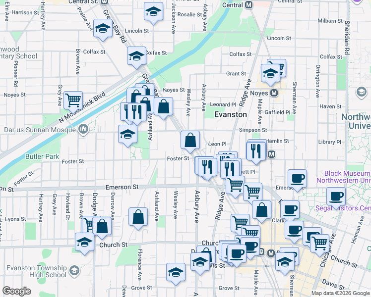 map of restaurants, bars, coffee shops, grocery stores, and more near 2000 Wesley Avenue in Evanston