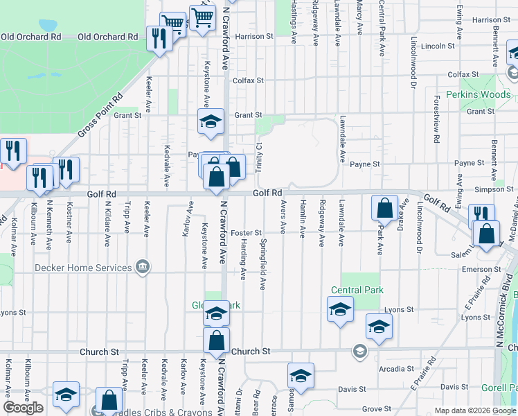 map of restaurants, bars, coffee shops, grocery stores, and more near 9521 Harding Avenue in Evanston
