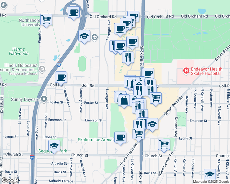 map of restaurants, bars, coffee shops, grocery stores, and more near 4900 Foster Street in Skokie