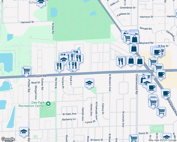 map of restaurants, bars, coffee shops, grocery stores, and more near 8941 West Golf Road in Niles