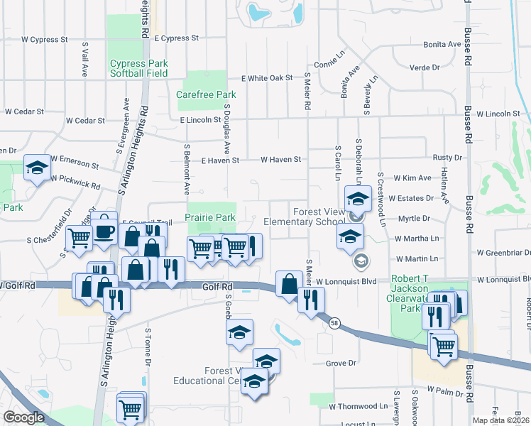 map of restaurants, bars, coffee shops, grocery stores, and more near 611 Noah Terrace in Mount Prospect
