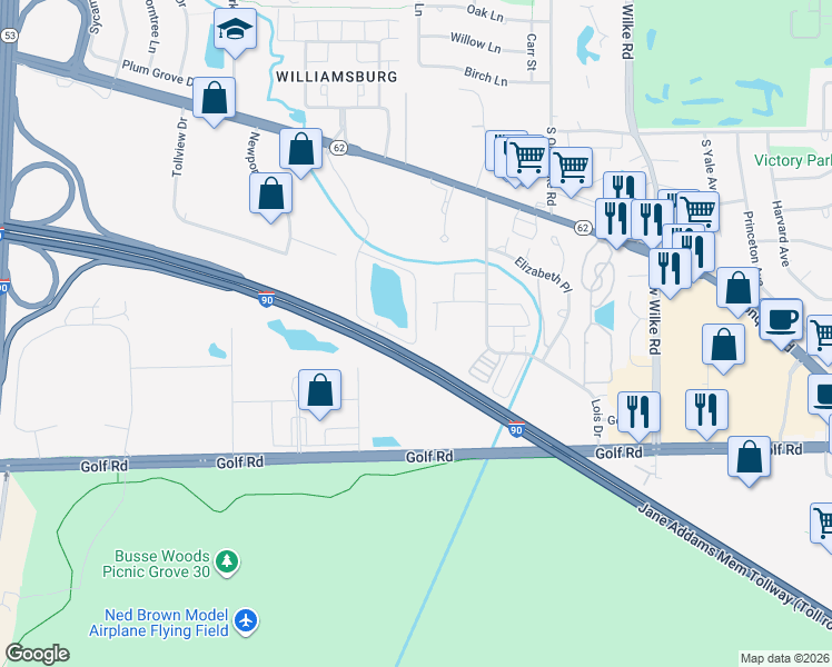 map of restaurants, bars, coffee shops, grocery stores, and more near Jane Addams Memorial Tollway in Rolling Meadows