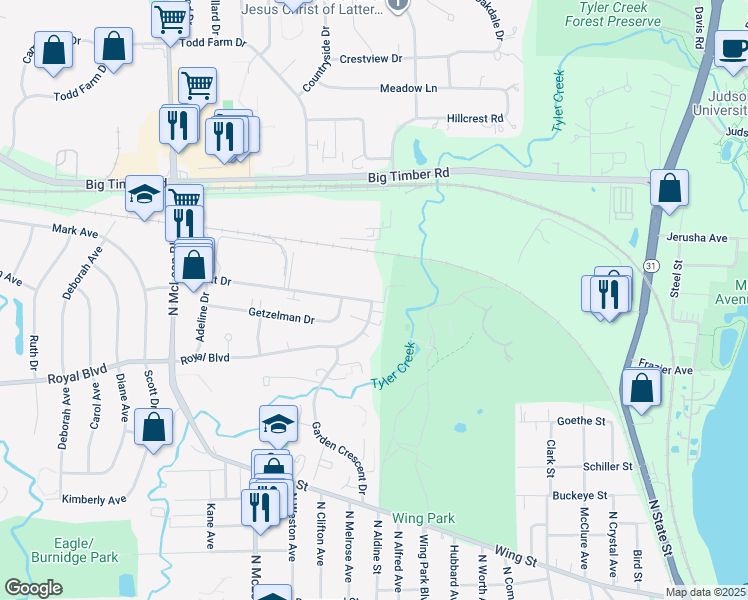 map of restaurants, bars, coffee shops, grocery stores, and more near 1145 Royal Boulevard in Elgin