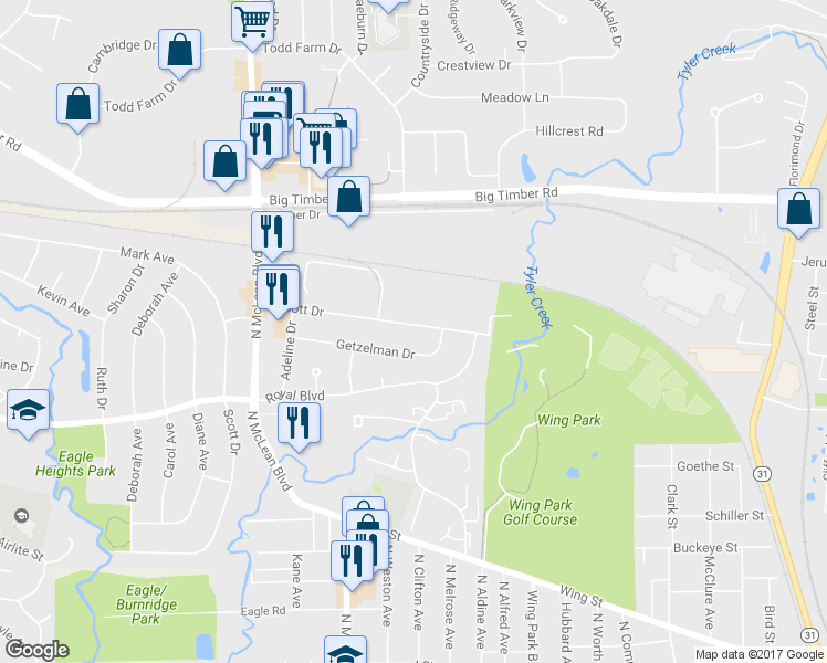 map of restaurants, bars, coffee shops, grocery stores, and more near 1310 Getzelman Drive in Elgin