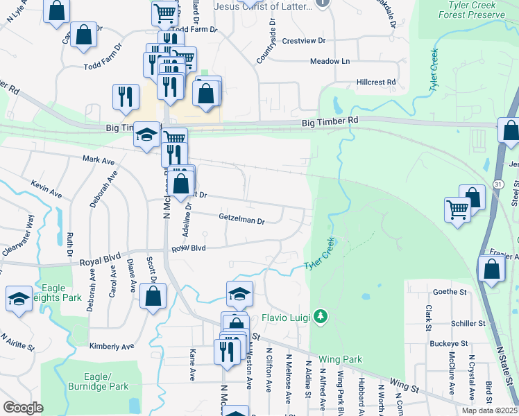 map of restaurants, bars, coffee shops, grocery stores, and more near 1310 Getzelman Drive in Elgin