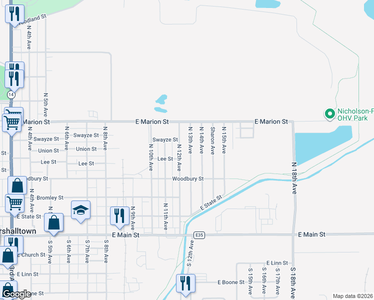 map of restaurants, bars, coffee shops, grocery stores, and more near 301-399 North 12th Avenue in Marshalltown