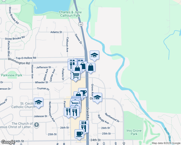 map of restaurants, bars, coffee shops, grocery stores, and more near 3132 Northwood Drive in Ames
