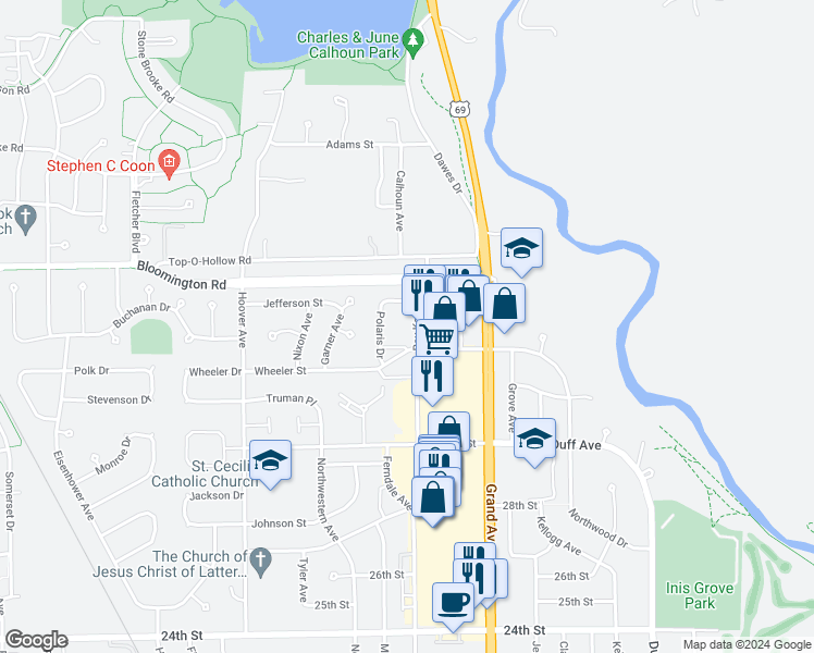 map of restaurants, bars, coffee shops, grocery stores, and more near 3219 Roy Key Avenue in Ames